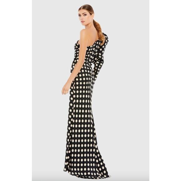 MAC DUGGAL Dress Size 12 Evening Gown NEW Black Cream One Sleeve Polka Dot - Picture 2 of 9